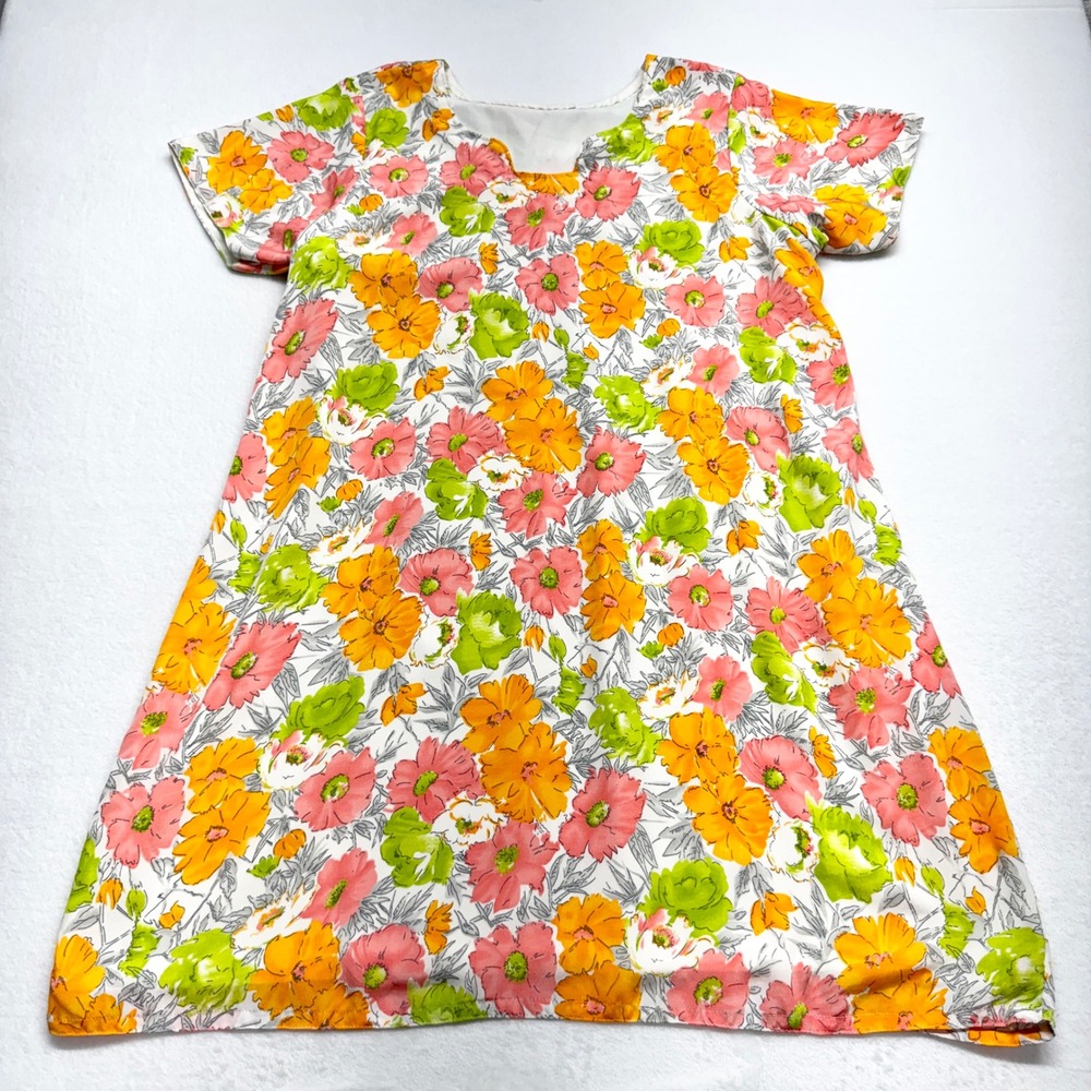 Unbranded Vintage Floral Shift Dress Womens Size M Orange Pink Green Mod 60s 70s